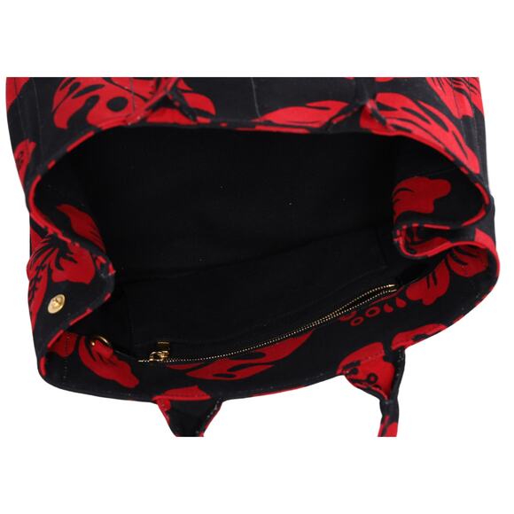 PRADA Canapa Tote Bag Black Red Canvas Leaves Print - Picture 7 of 9